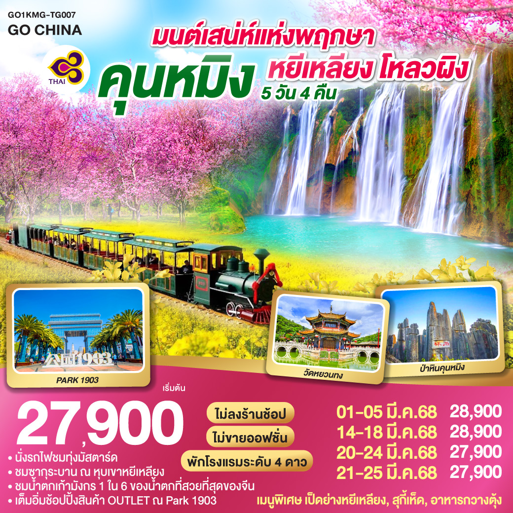 กรุงเทพฯ (สนามบินสุวรรณภูมิ) – คุนหมิง (TG612 : 10.55-14.05) – ตำหนักทอง-คุนหมิง-หยีเหลียง-ชมซากุระบานหุบเขาหยีเหลียง-อุทยานป่าหินสือหลิน (Shilin Stone Forest)-สือหลิน-โหลวผิง-เทือกเขาไก่ทอง-นั่งรถไฟชมทุ่งมัสตาร์ด-น้ำตกเก้ามังกร-โหลวผิง-คุนหมิง-ช้อปปิ้ง OUTLET PARK 1903  POP MART-วัดหยวนทง – สวนน้ำตก- คุนหมิง – กรุงเทพ-(สนามบินสุวรรณภูมิ)  (TG613 : 15.20 – 16.35)