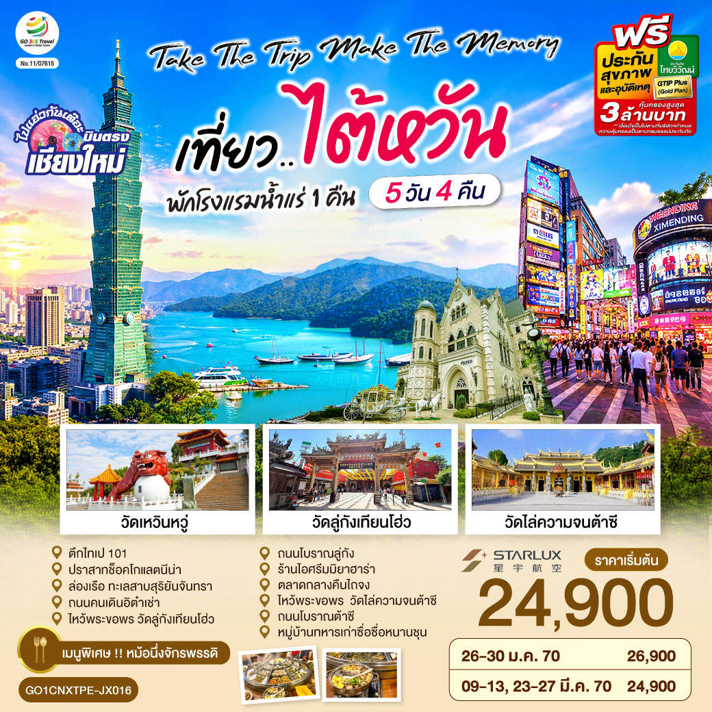 ตึกไทเป 101|ปราสาทช็อคโกแลตนีน่า|ล่องเรือ ทะเลสาบสุริยันจันทรา|ถนนคนเดินอิต๋าเช่า
|ไห้วพระขอพร วัดลู่กังเทียนโฮ่ว|ถนนโบราณลู่กัง|ร้านไอศรีมมิยาฮาร่า|ตลาดกลางคืนไถจง
|ไห้วพระขอพร  วัดไล่ความจนต้าซี| ถนนโบราณต้าซี|หมู้บ้านทหารเก่าซื่อซื่อหนานชุน